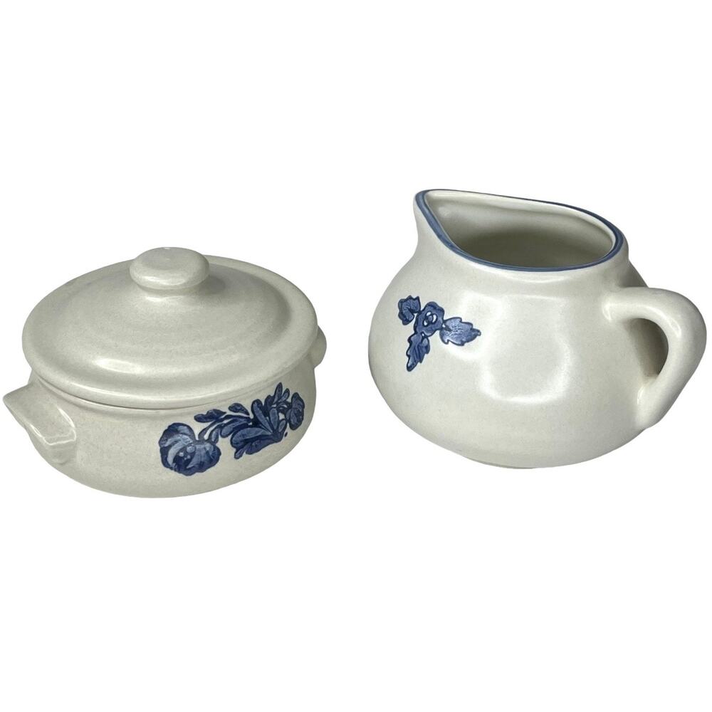 Pfaltzgraff Sugar Bowl & Creamer Set Yorktowne 3pc Stoneware Pitcher Blue Cream